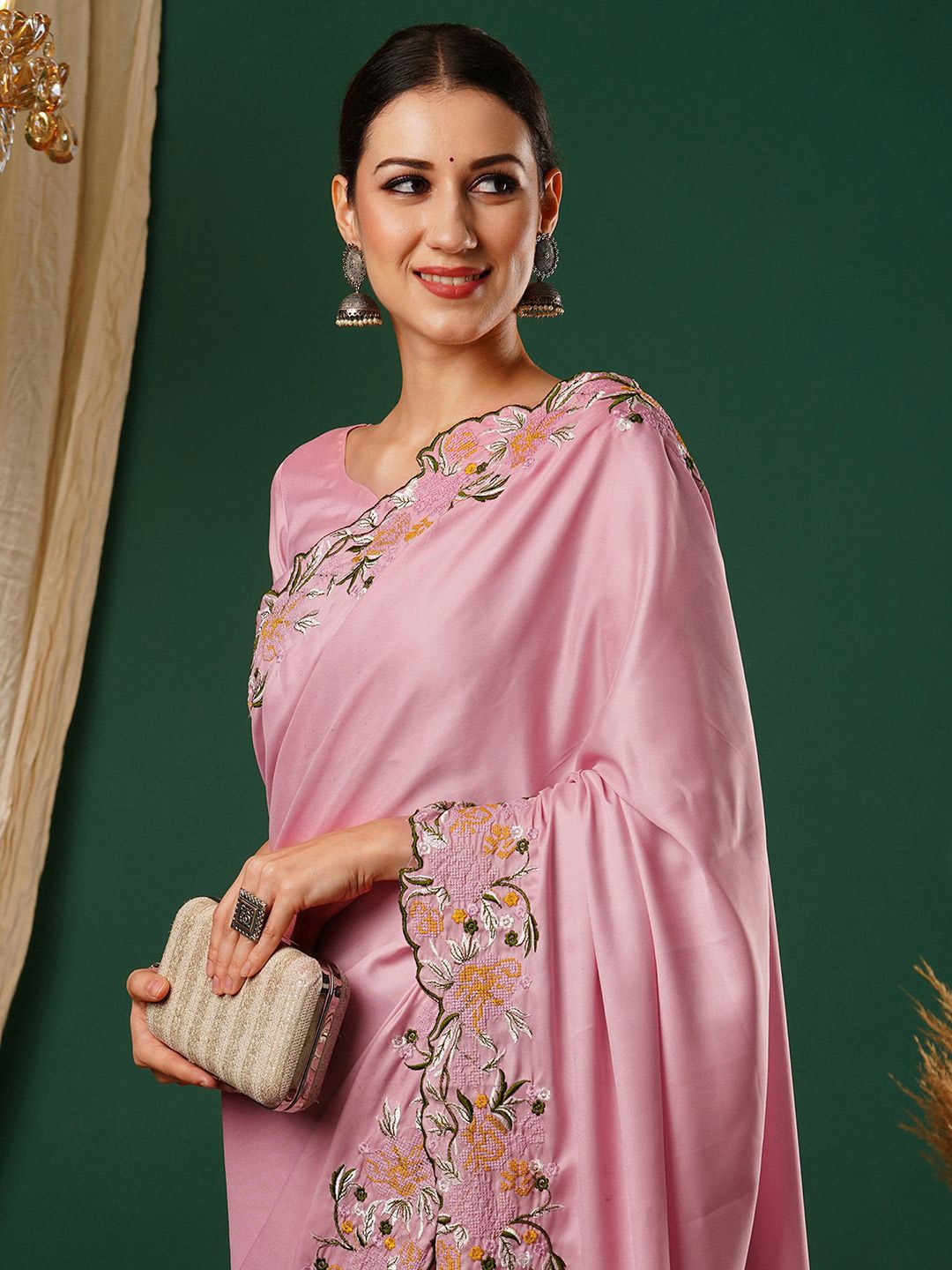 

Satrani Floral Embroidered Satin Saree, Pink