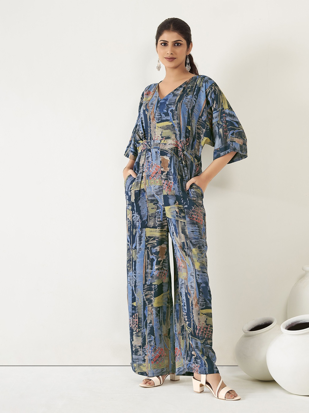 

Anouk Women V-Neck Printed Waist Tie-Ups Basic Jumpsuit, Blue