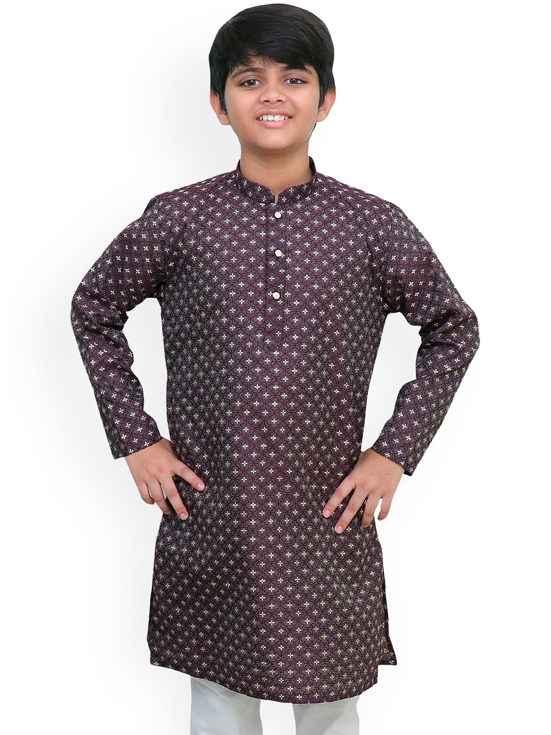 

BAESD Boys Geometric Thread Work Jacquard Kurta, Burgundy