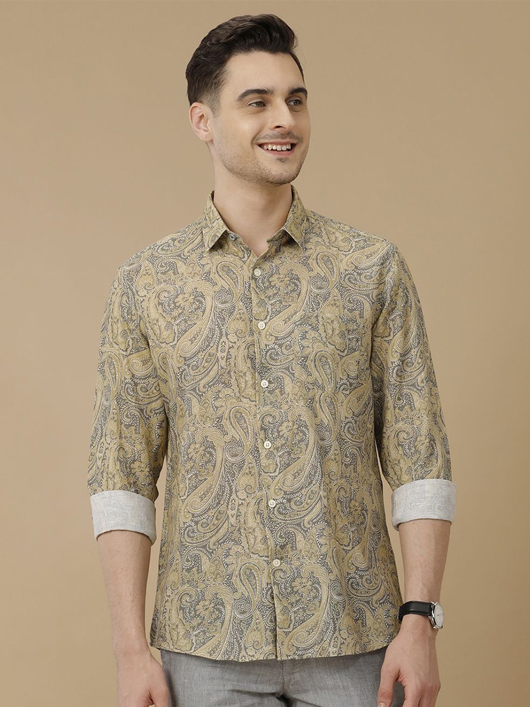 

Linen Club Men Contemporary Ethnic Motifs Printed Slim Fit Casual Shirt, Green