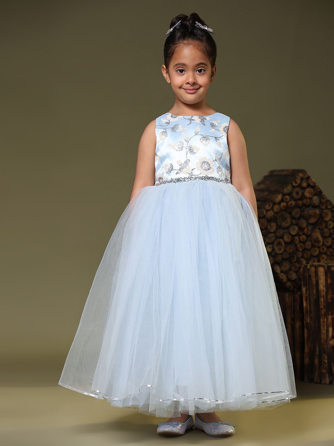 

Toy Balloon kids Girls Floral Self Design Net Fit & Flare Maxi Dress, Blue