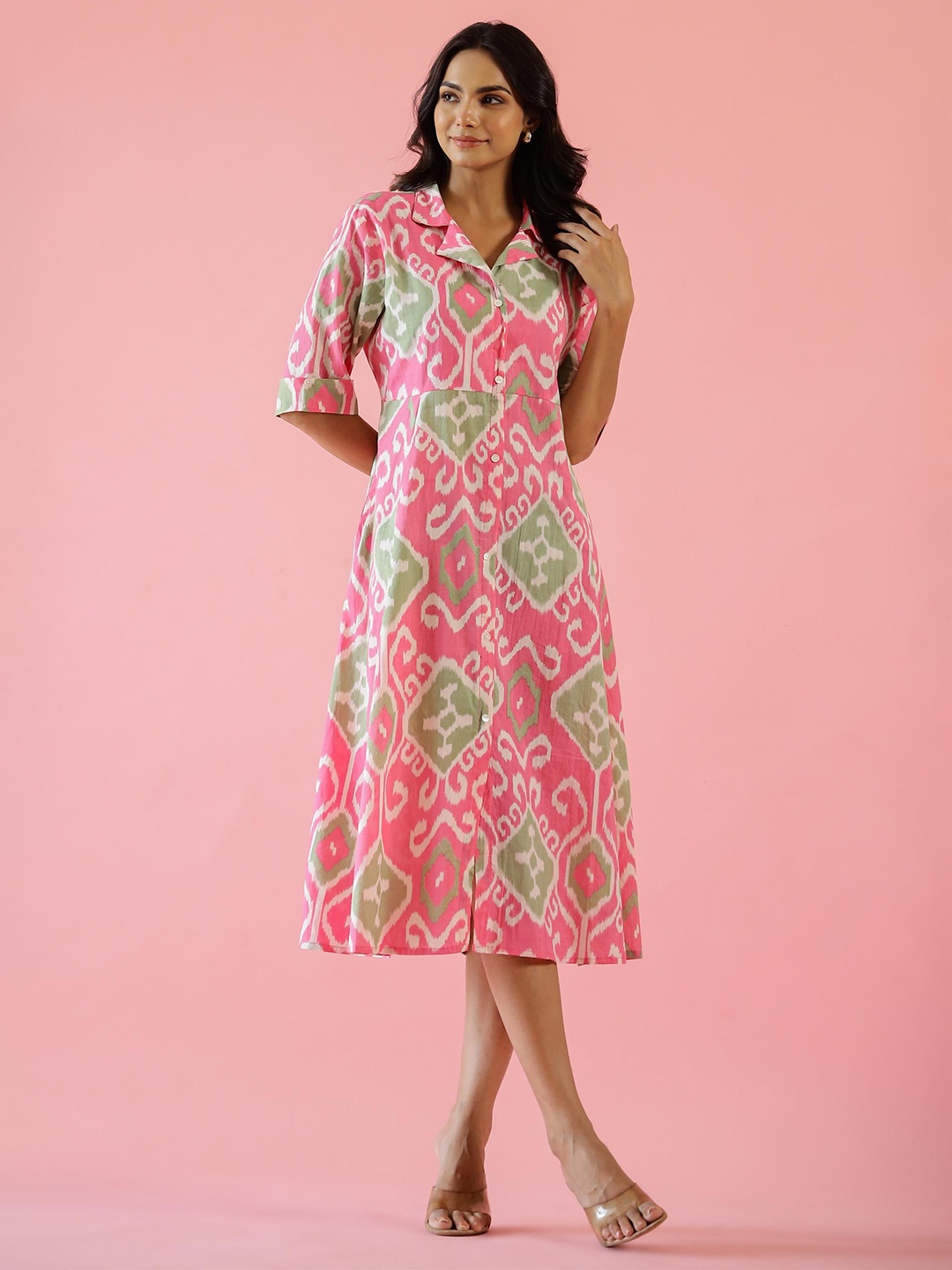 

FLAVIA CREATION Ethnic Motifs Printed A-Line Midi Dress, Pink