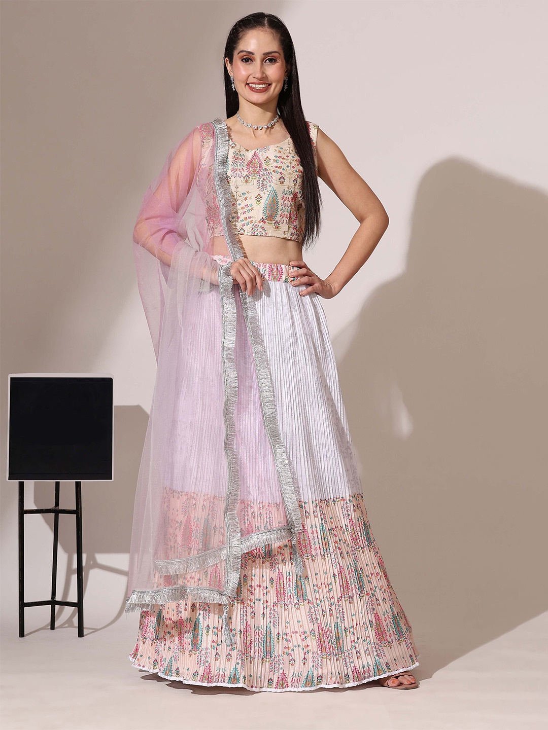 

Fabcartz Printed Silk Semi Stitched Lehenga & Unstitched Blouse With Dupatta, White