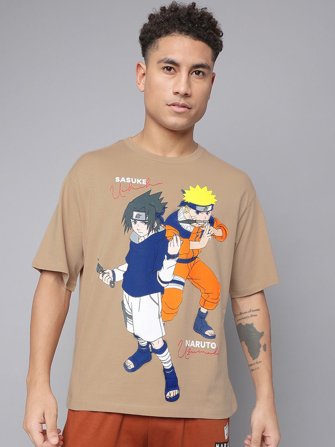 

Free Authority Men Graphic Printed Round Neck Cotton Oversized T-shirt, Beige
