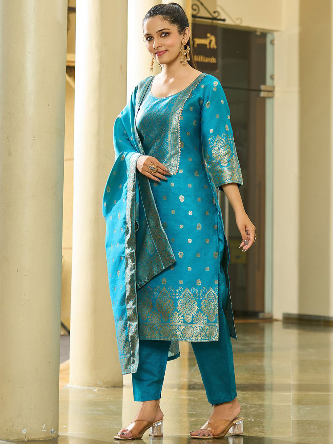 

BAESD Ethnic Motifs Woven Design Gotta Patti Straight Kurta With Trousers & Dupatta, Turquoise blue
