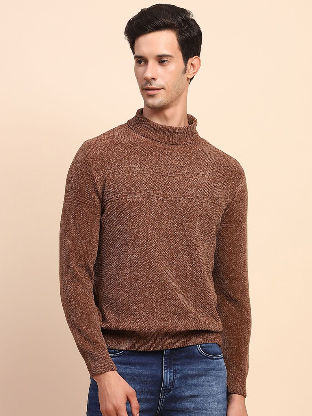 

CAMLA Men Solid Turtle Neck Pullover, Brown