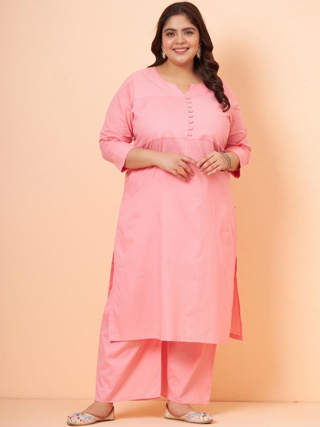 

Tissu Plus Size Geometric Woven Design Zari Dobby Weave Pure Cotton Kurta with Palazzos, Pink