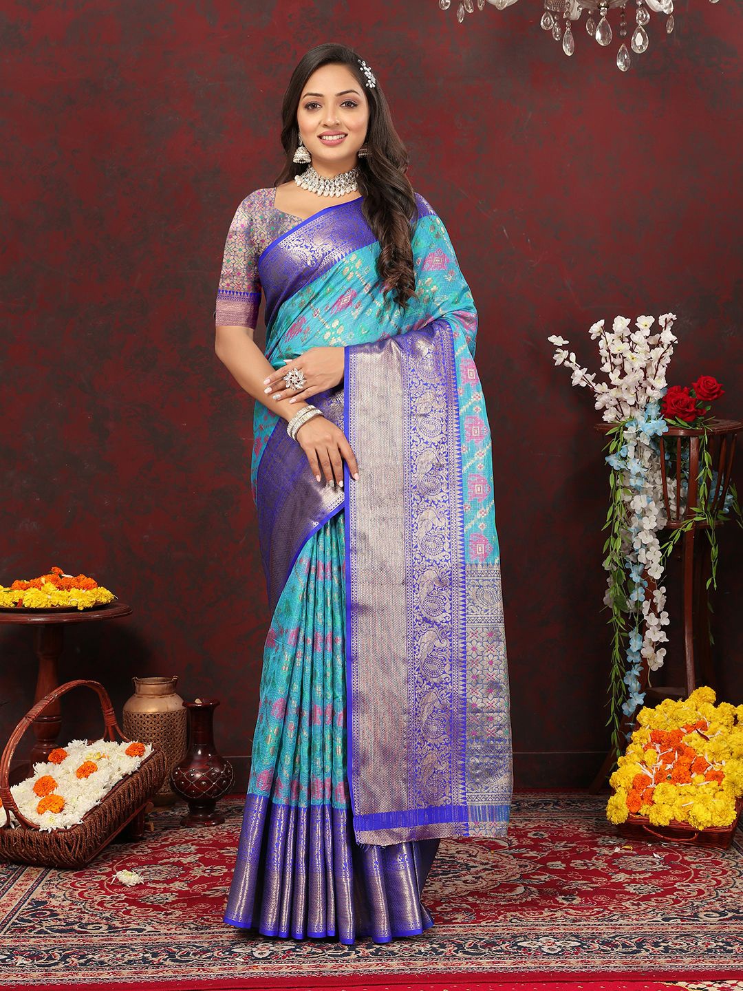 

NIWAA Ethnic Motifs Zari Silk Kanjeevaram Saree, Blue