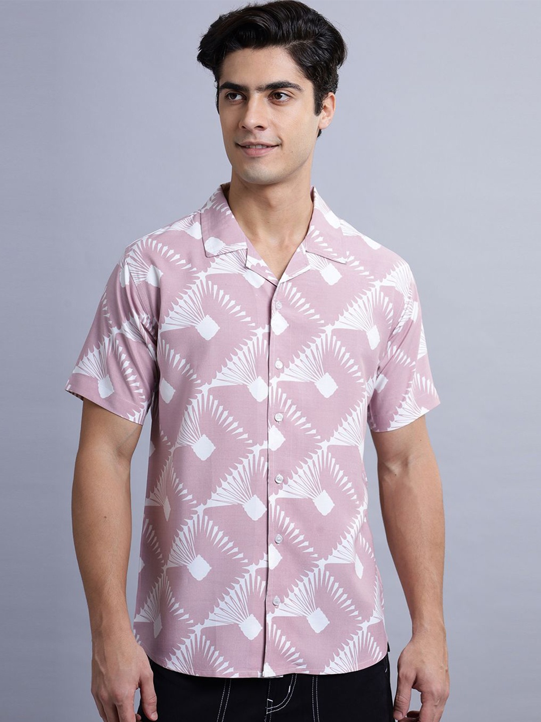 

N AND J Men Classic Cuban Collar Abstract Printed Cotton Casual Shirt, Pink