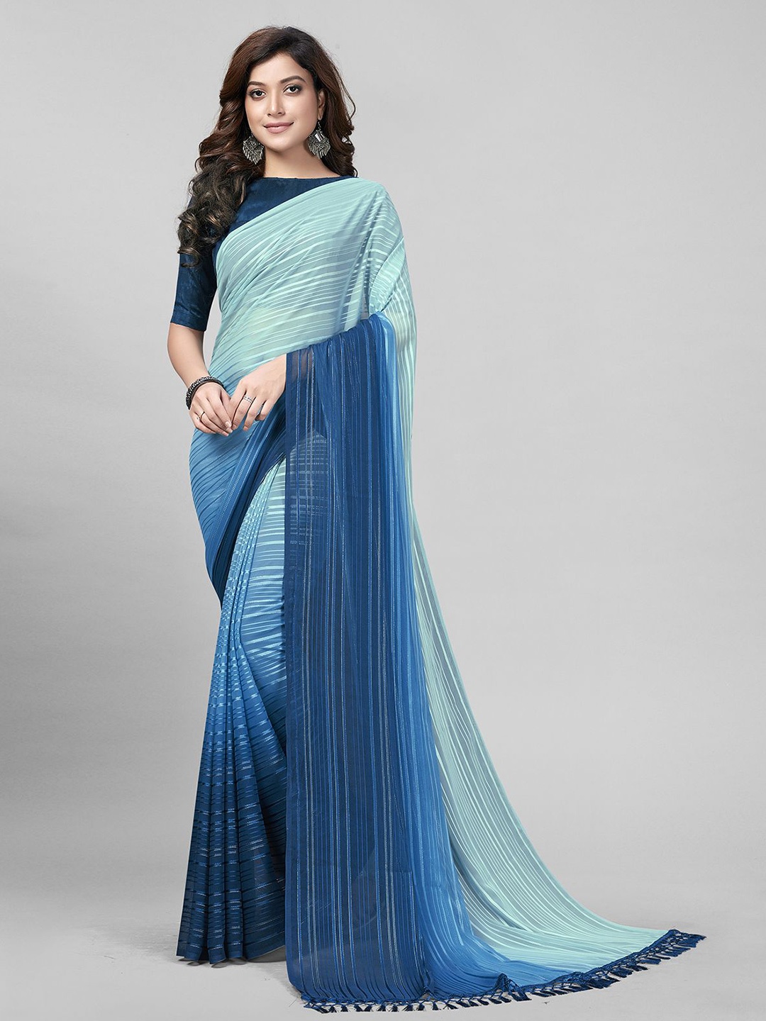 

KALINI Ombre Striped Saree with Tassels, Blue