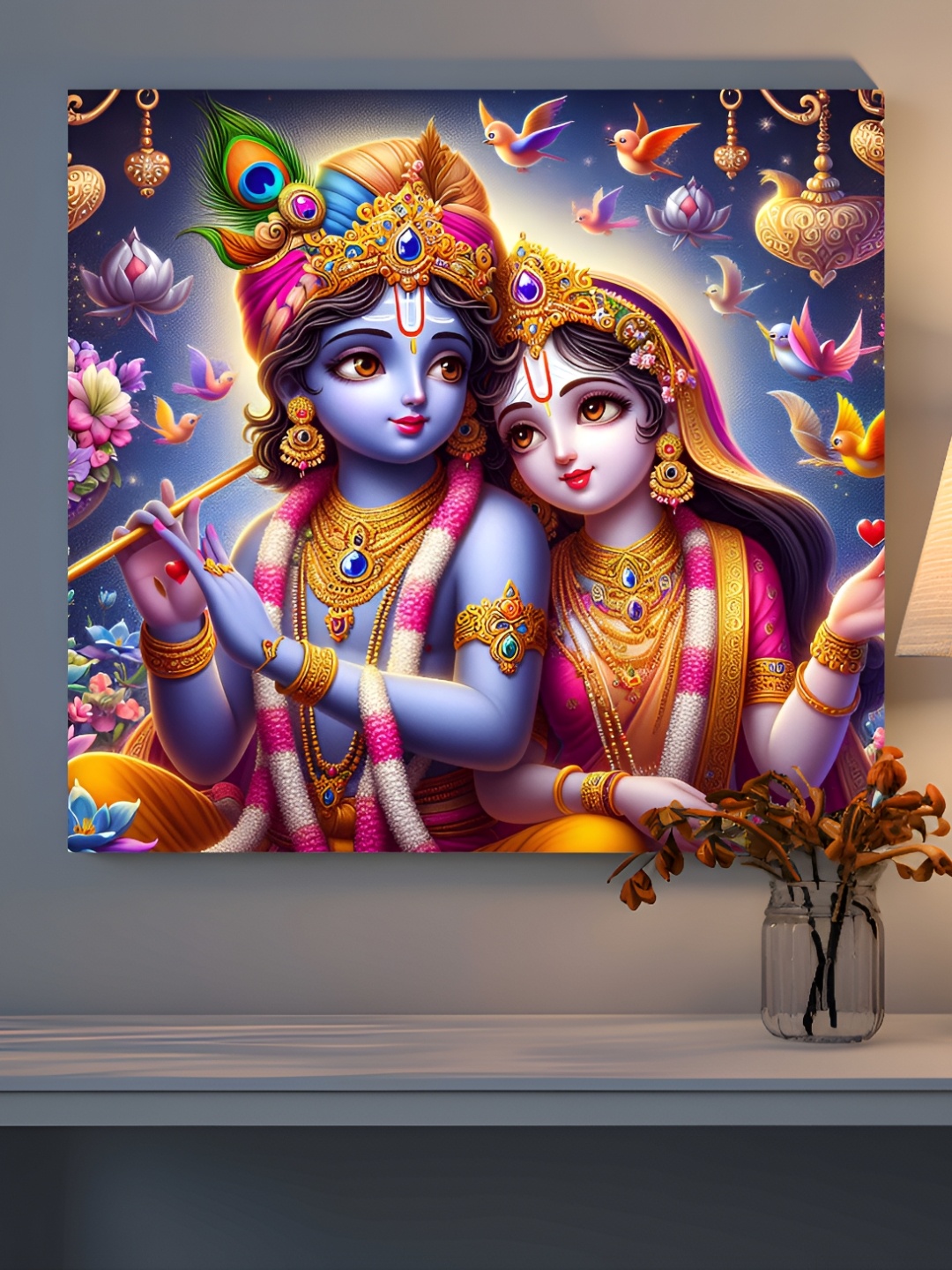 

SAF Purple & Gold-Toned Wooden Radha Krishna Religious Wall Paintings