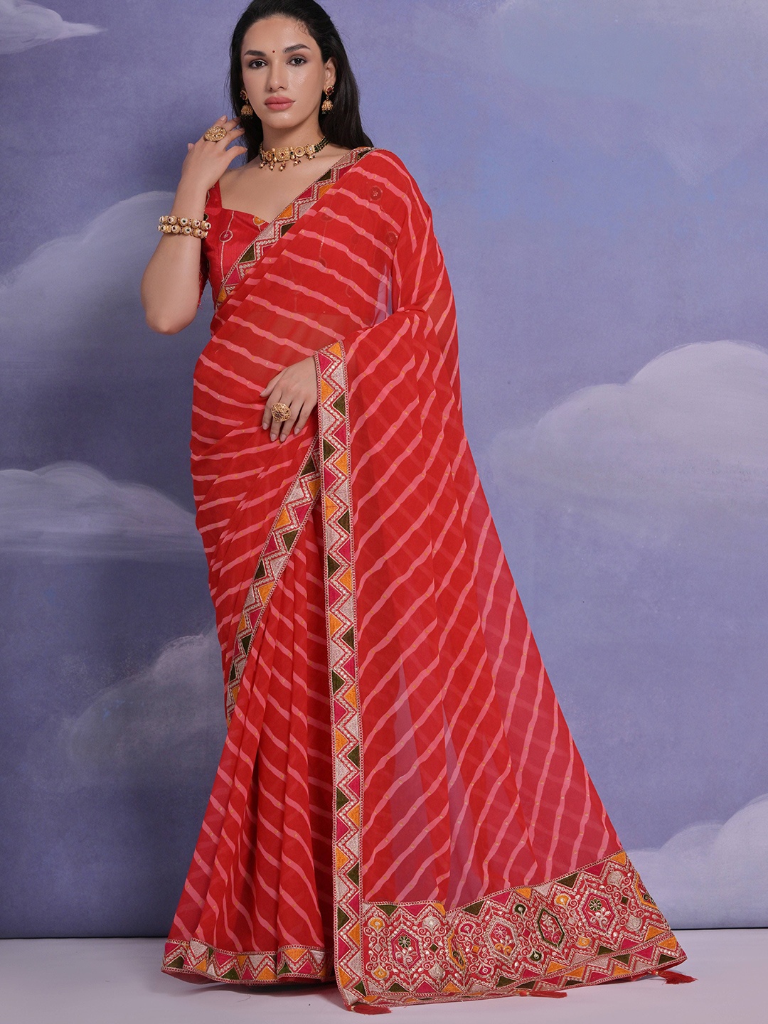 

Krimmple Leheriya Sequinned Pure Georgette Saree, Red