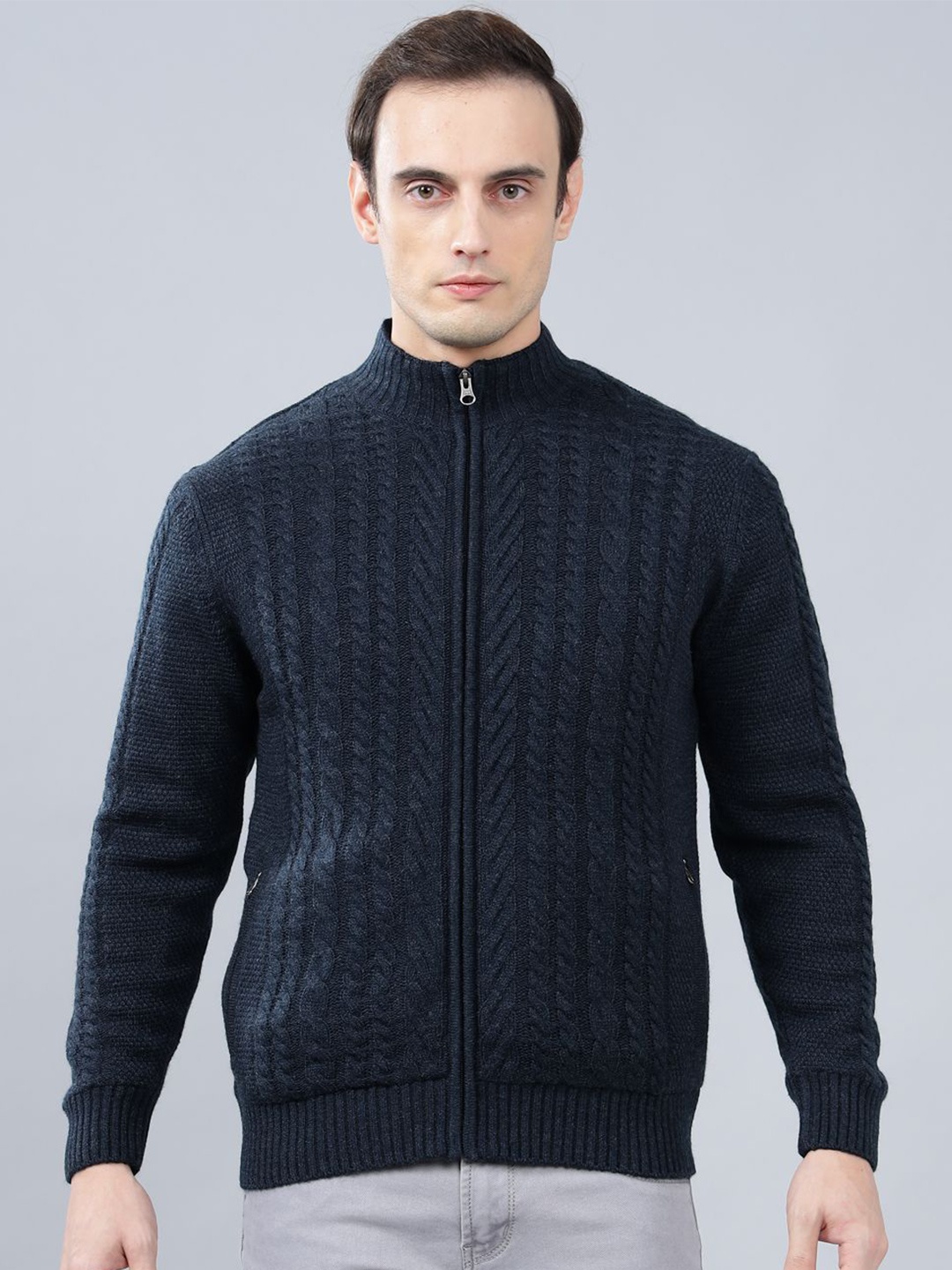 

Cantabil Men Cable Knit Mock Collar Full Sleeve Sweater, Navy blue