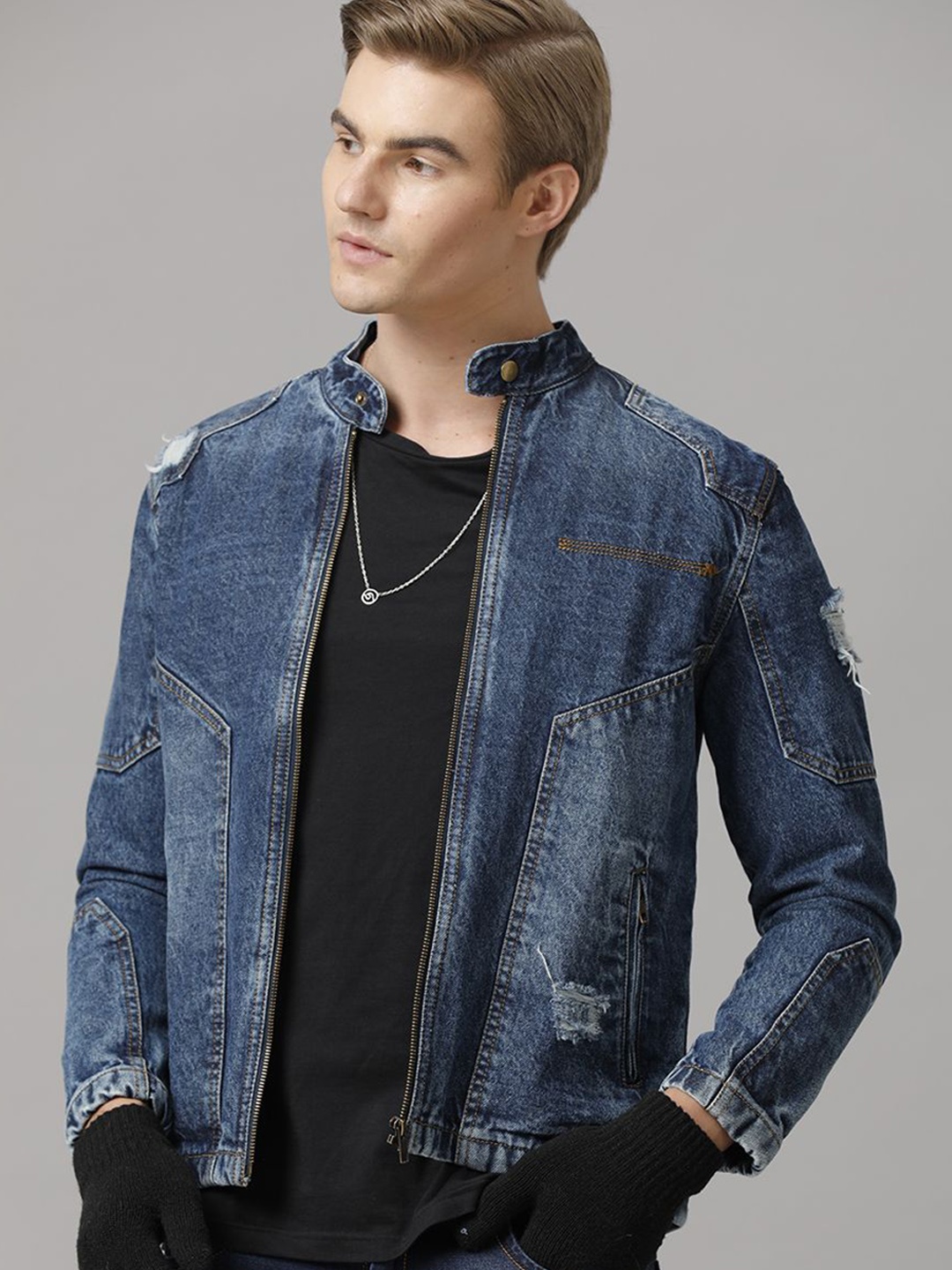 

TEMPLE OF DENIM Men Asymmetric Closure Denim Biker Jacket, Blue