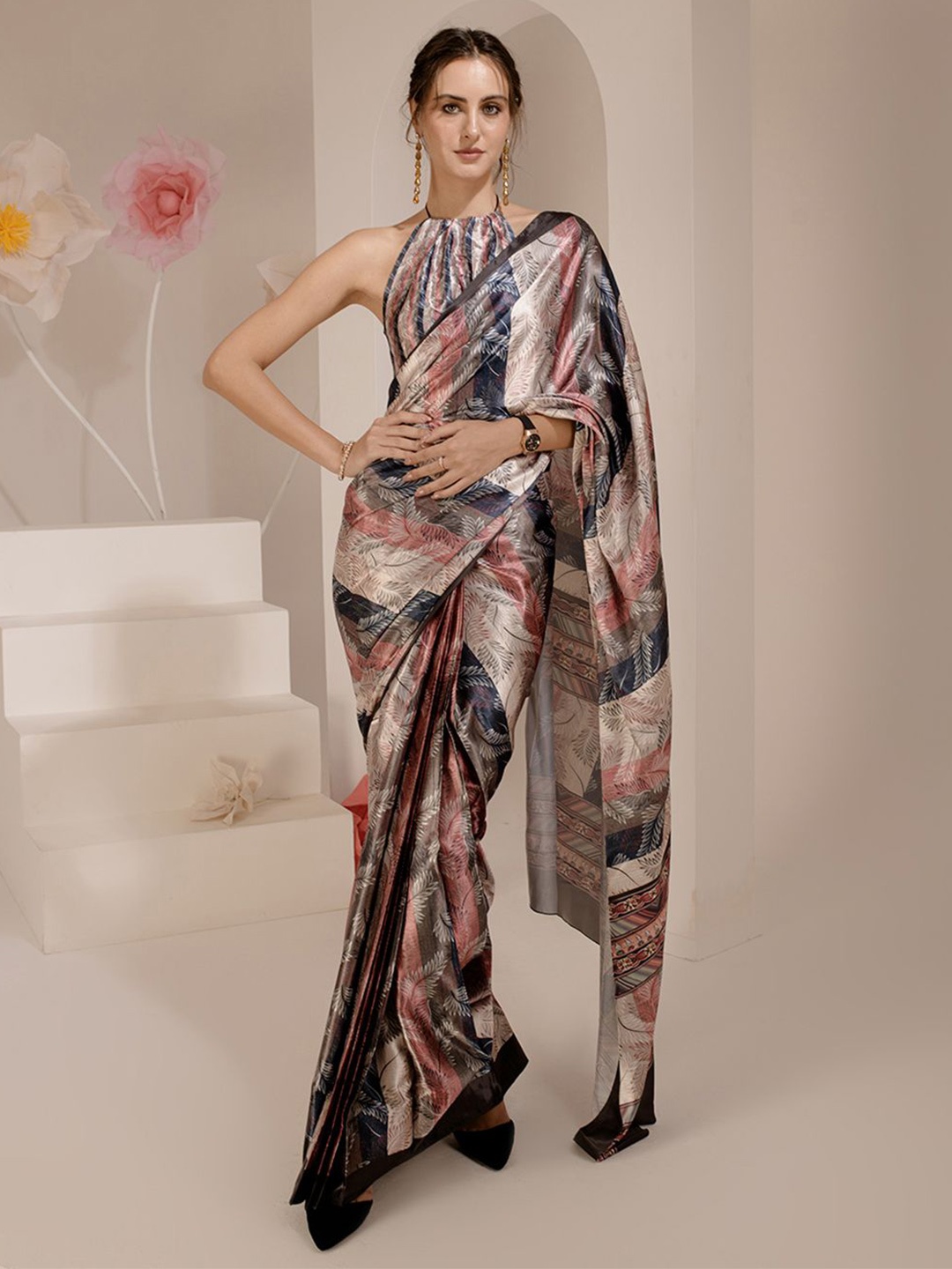 

BAESD Striped Printed Pure Silk Saree, Pink