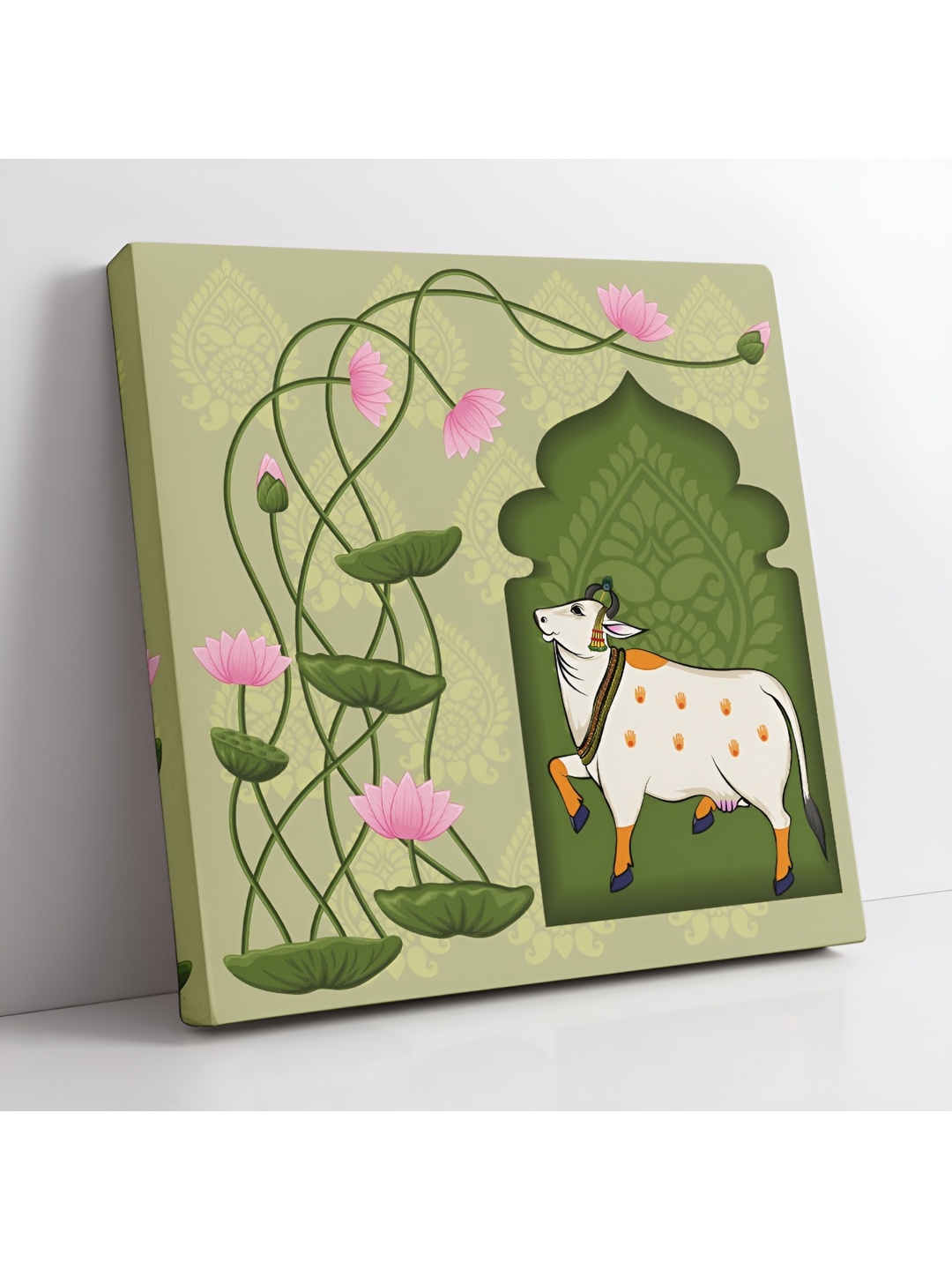 

SAF Green & White Wooden Canvas Pichwai Cow Birds and Animals Wall Art