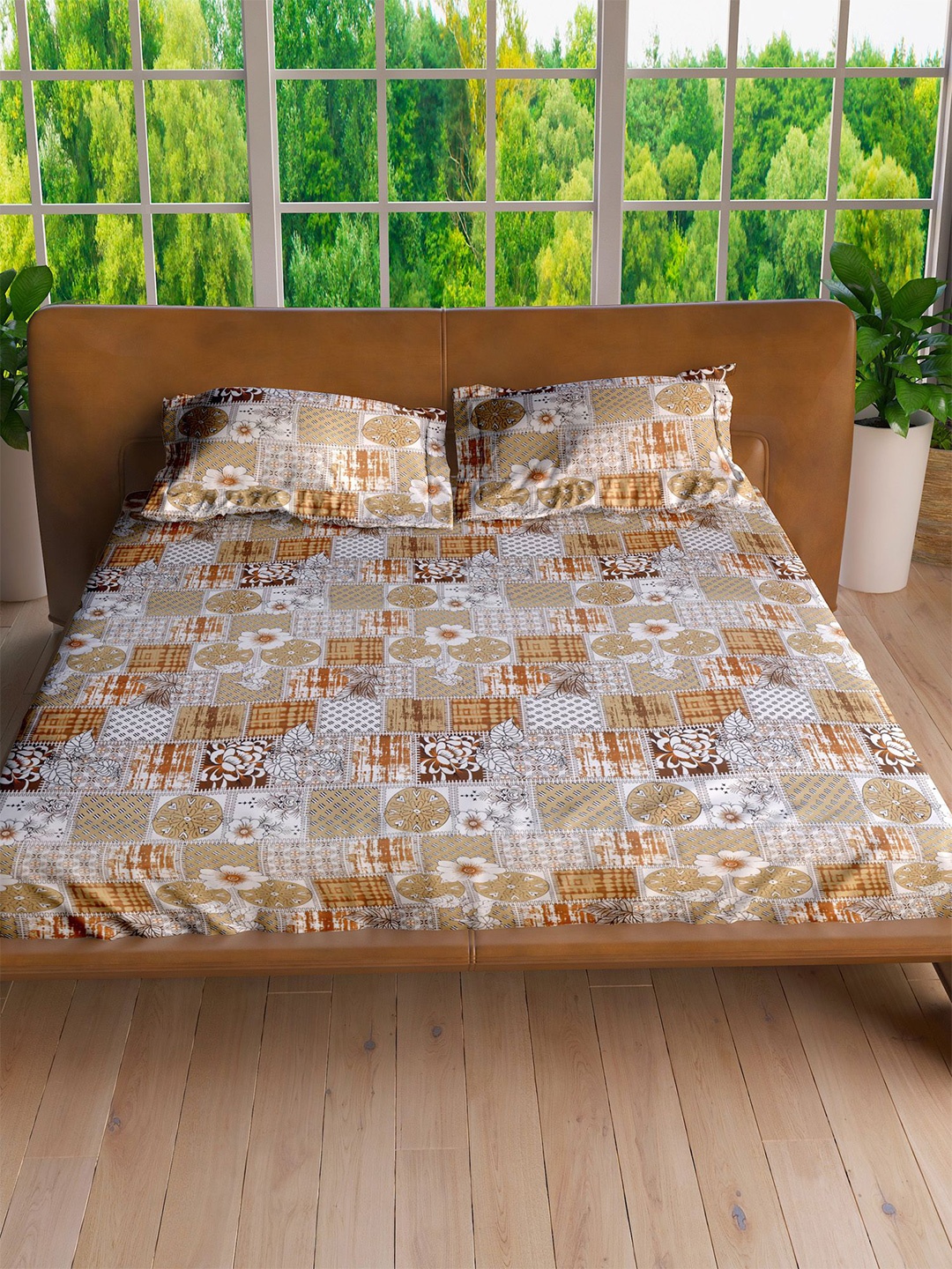 

LABHAM Yellow & White Floral Printed Cotton 160 TC King Bedsheet with 2 Pillow Covers