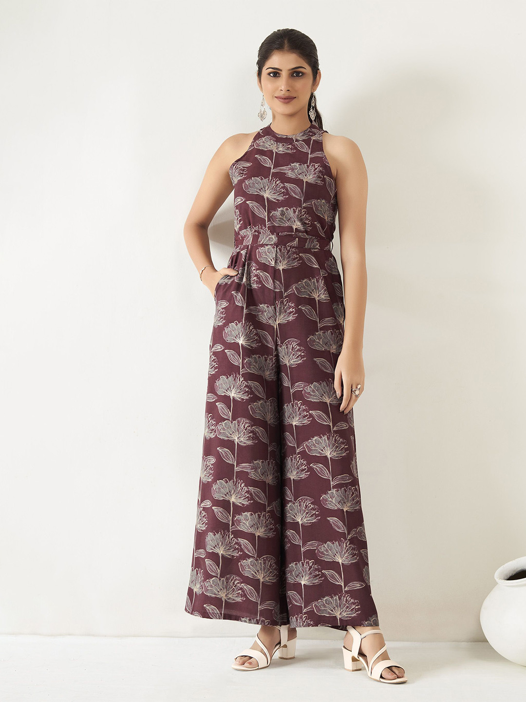 

Anouk Women Floral Printed Waist Tie-Ups Basic Jumpsuit, Maroon
