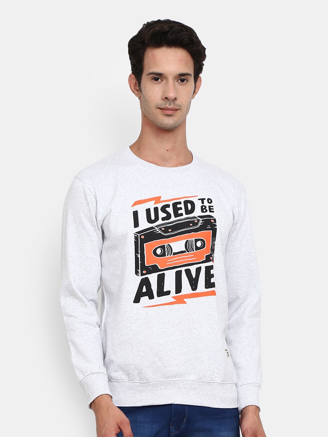 

V-Mart Men Grey Melange Printed Sweatshirt