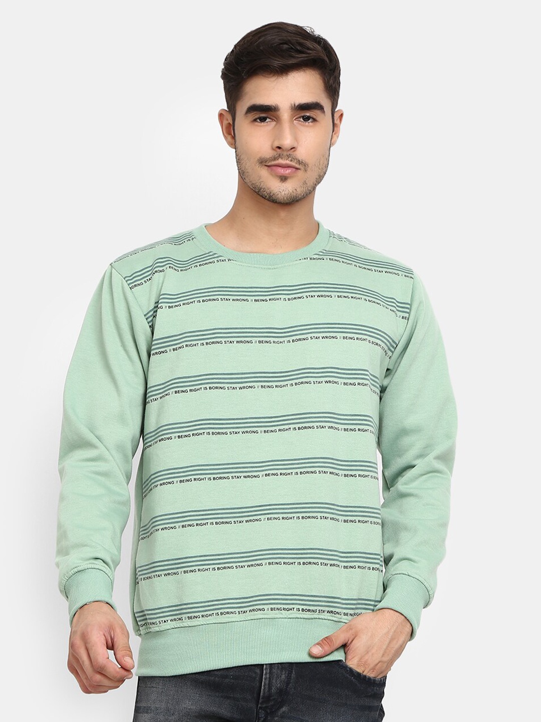 

V-Mart Men Sea Green Striped Sweatshirt