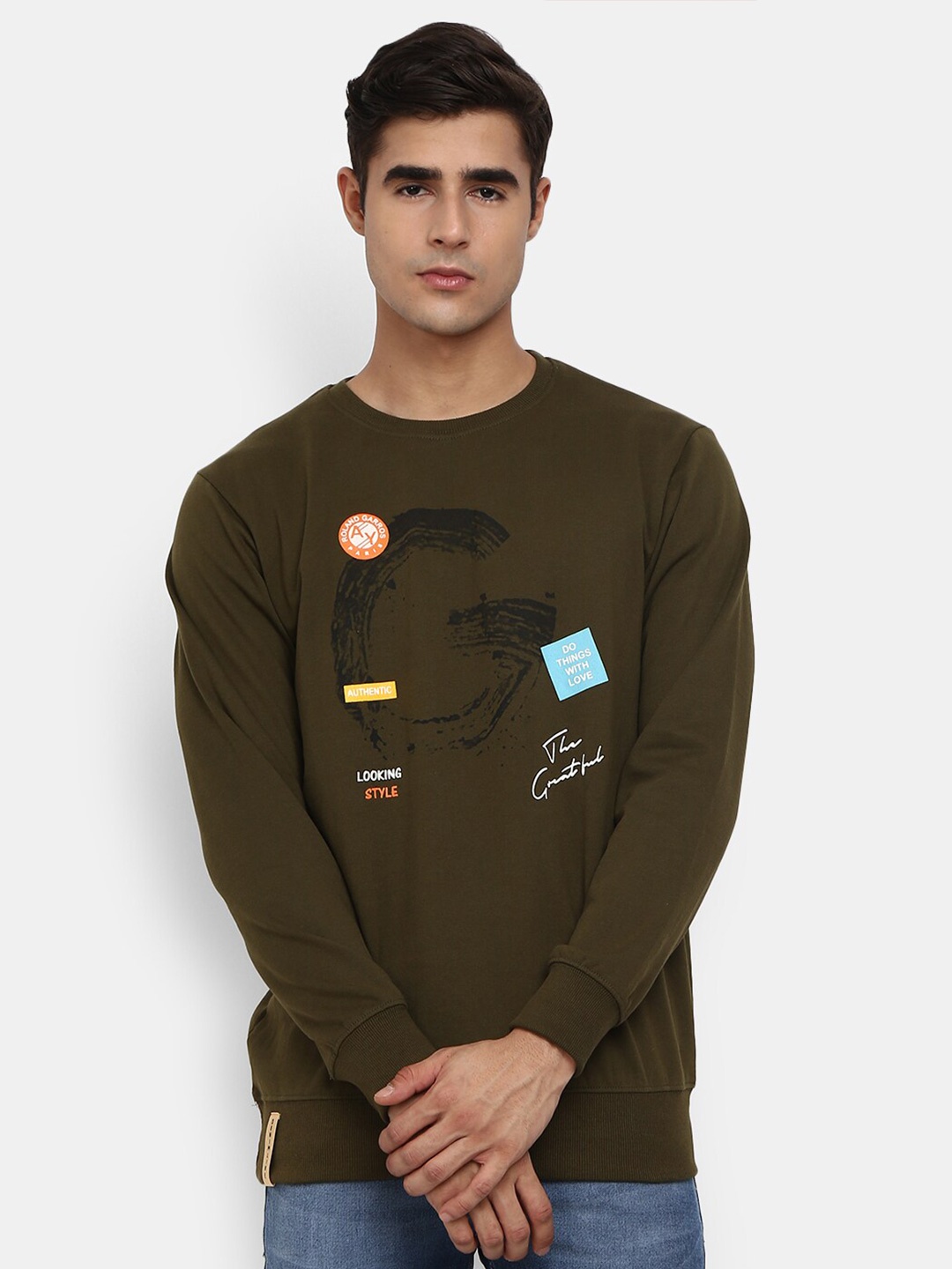 

V-Mart Men Olive Green Printed Sweatshirt