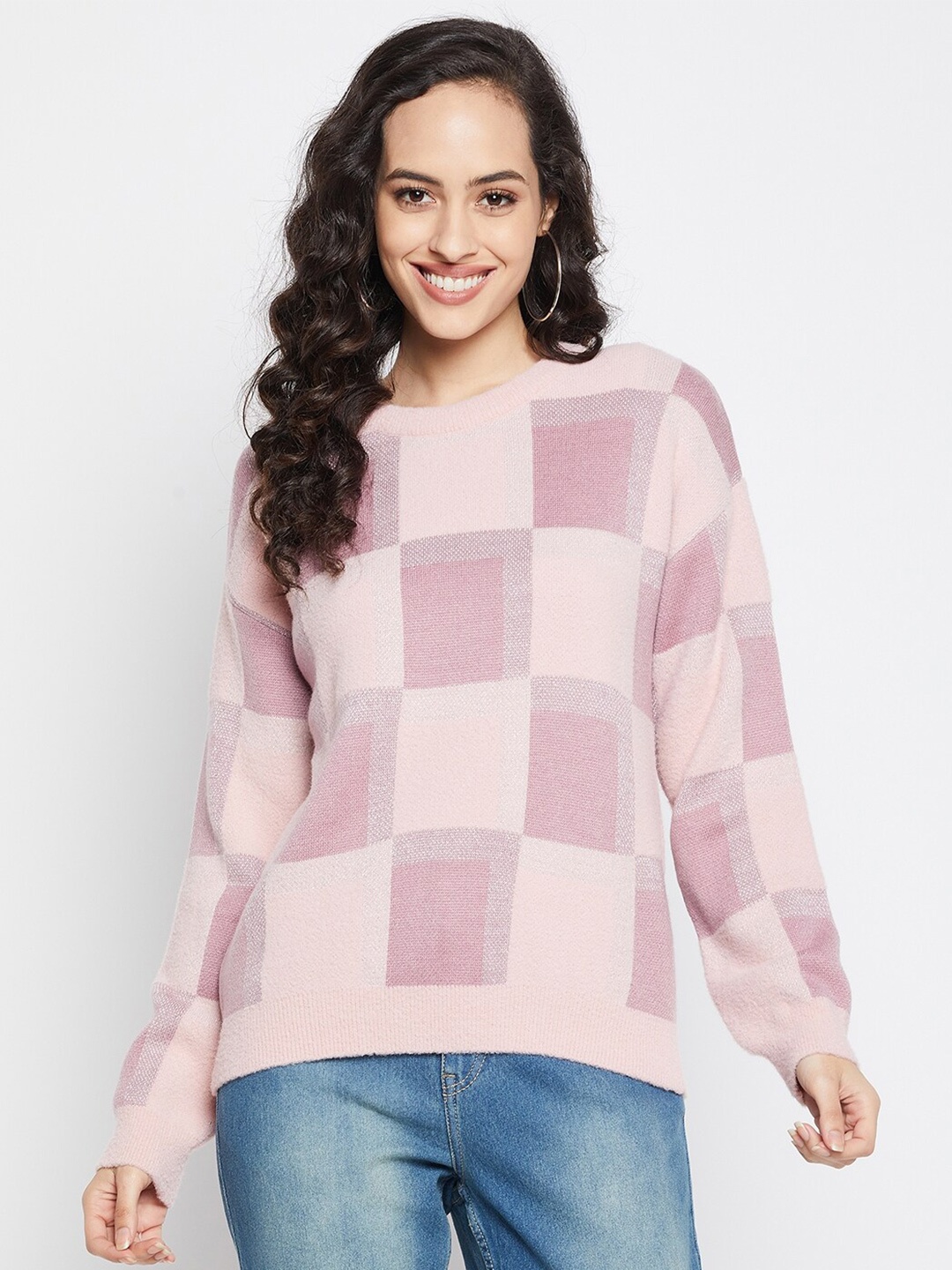 

Madame Women Peach-Coloured & White Checked Pullover