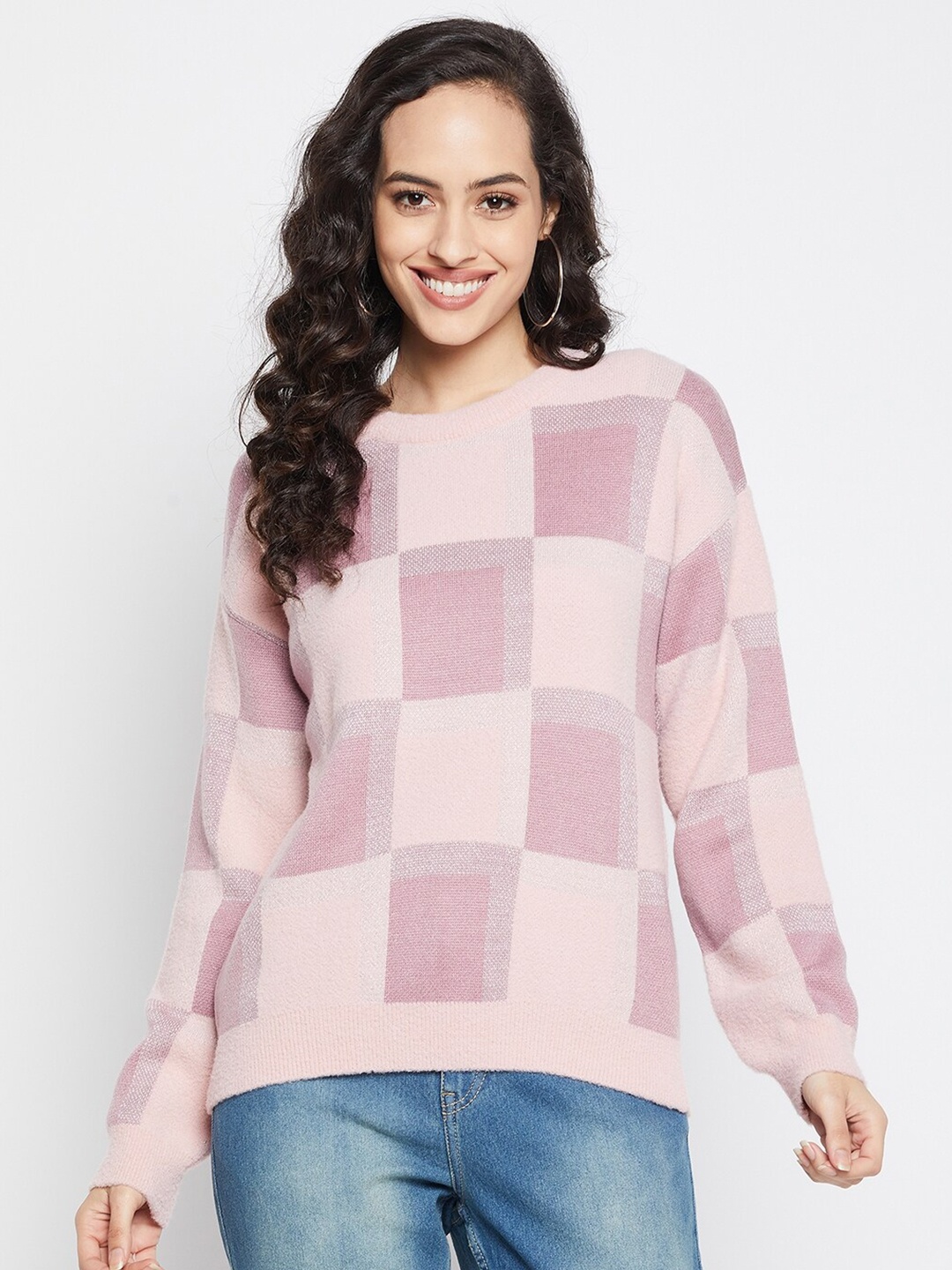 

Madame Women Peach-Coloured & White Checked Pullover