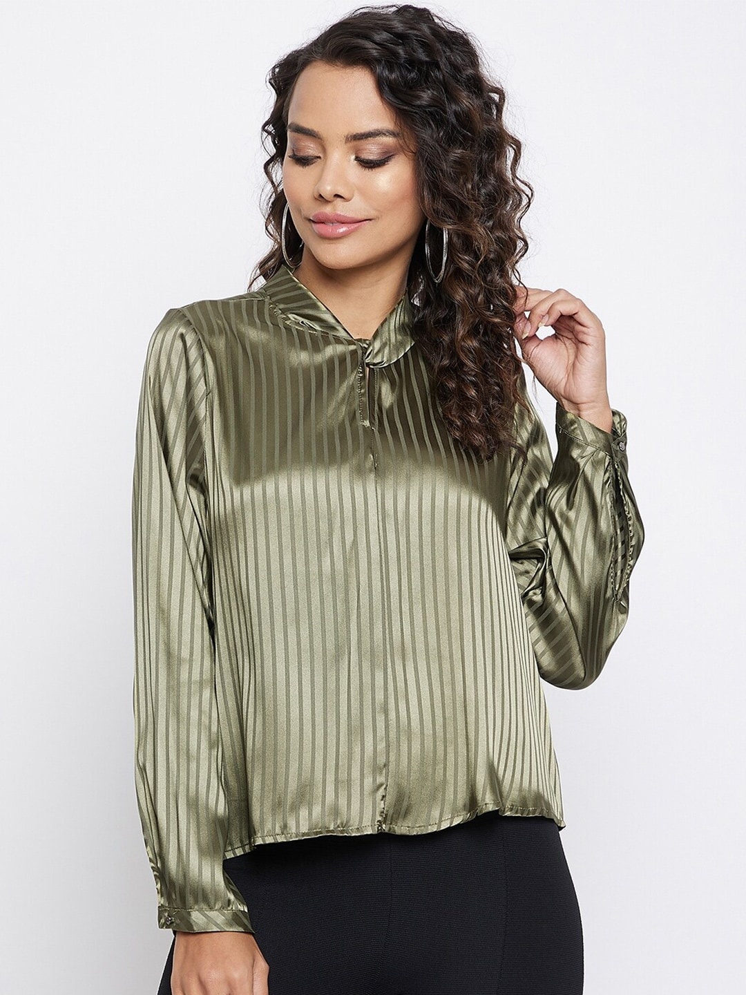 

Madame Olive Green Striped Tie-Up Neck Shirt Style Top