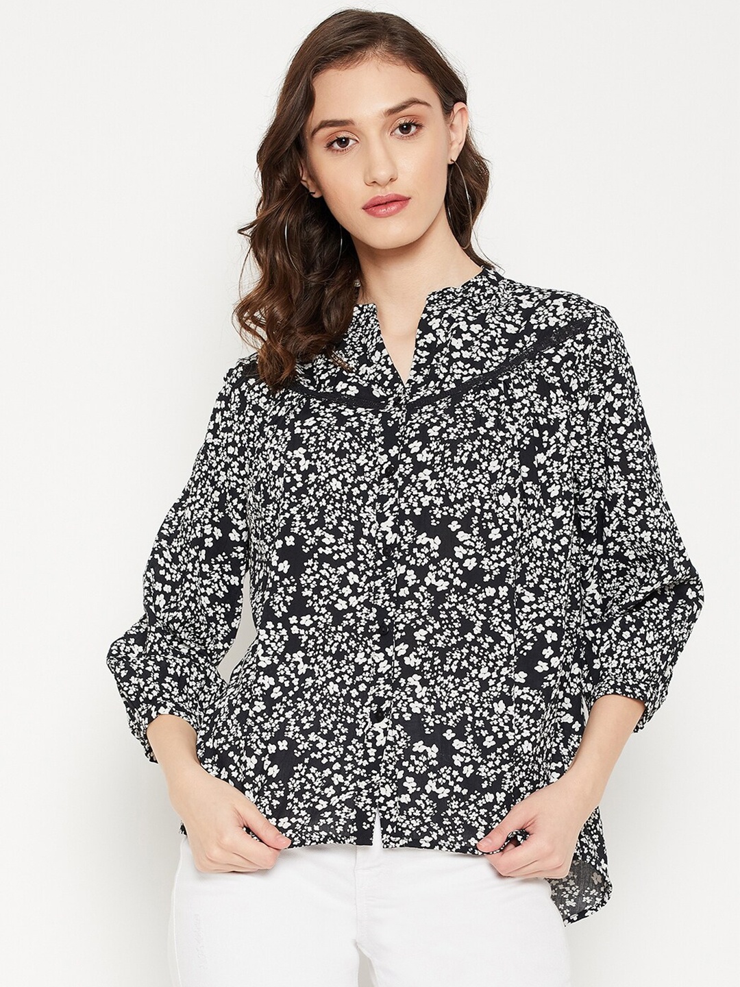 

Madame Black Print Mandarin Collar Roll-Up Sleeves Shirt Style Top