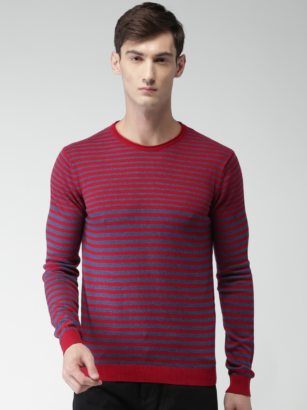 

Celio Men Red & Grey Striped Pullover