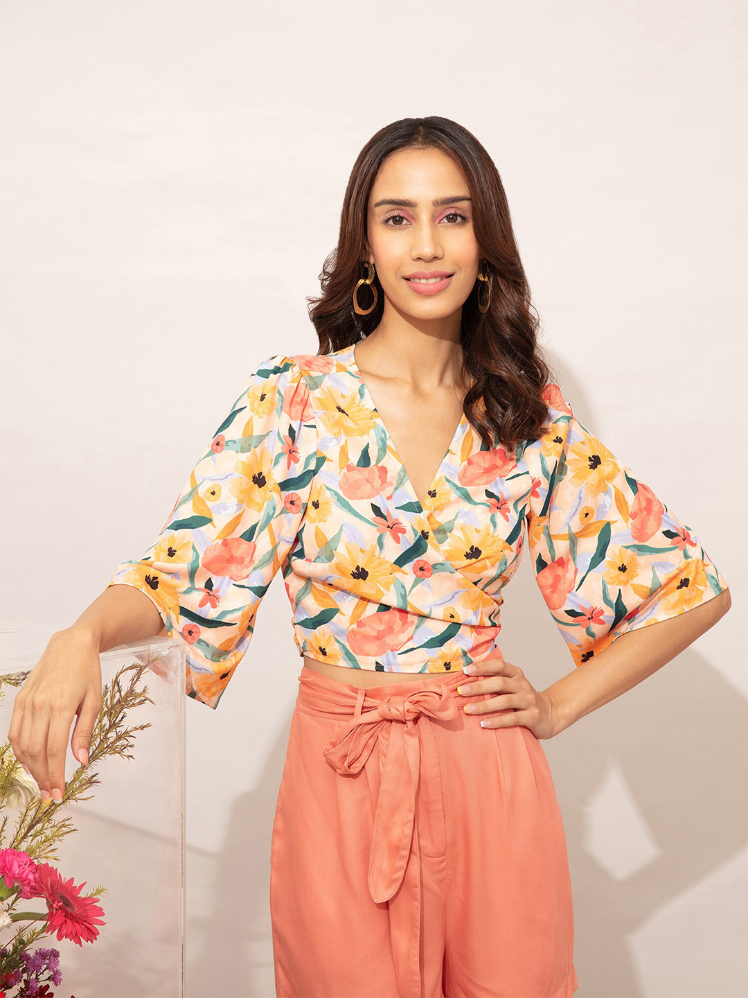 

20Dresses Multicoloured Floral Printed Bell Sleeves Crop Top, Multi