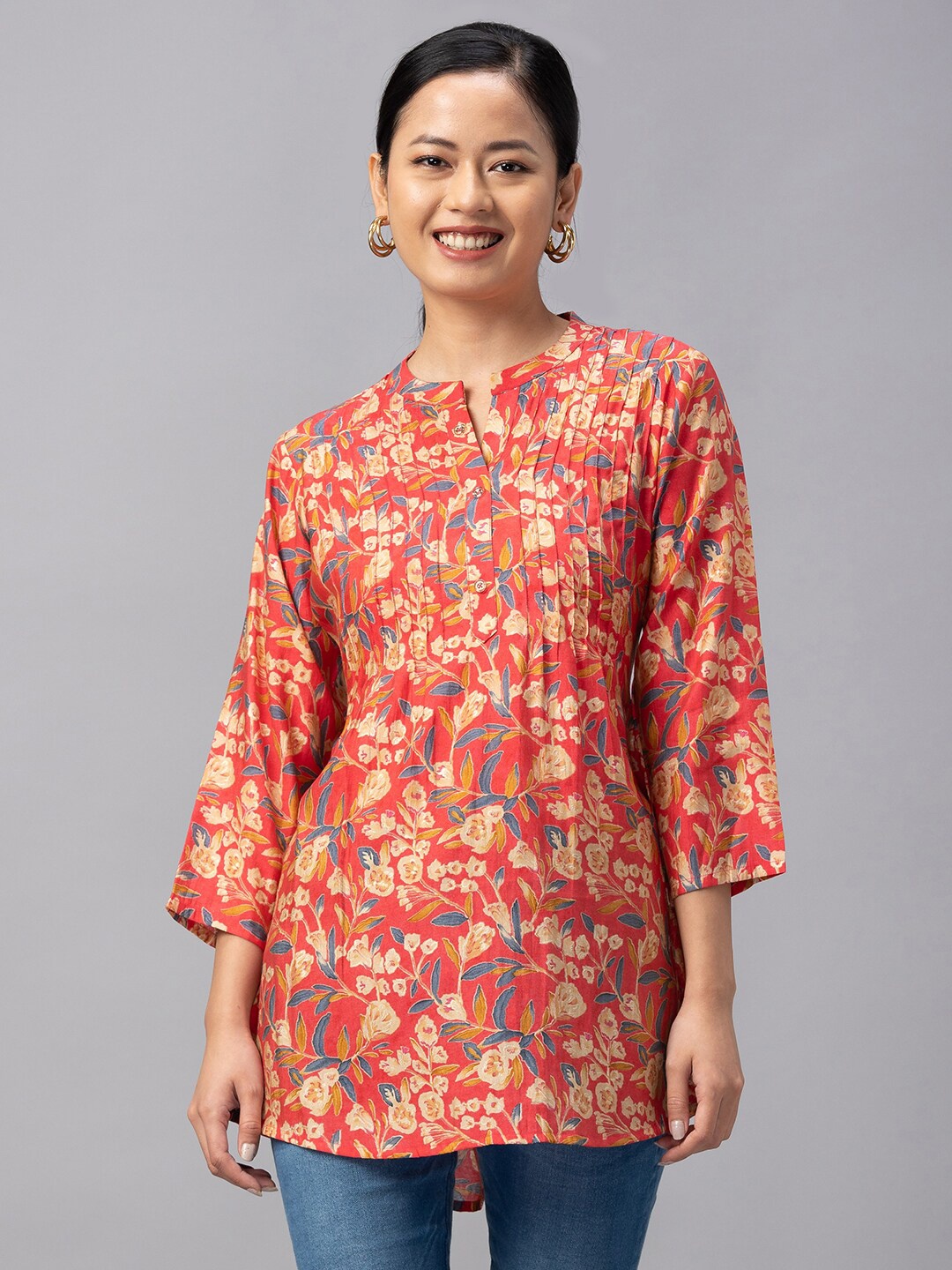 

TANKHI Pink & Blue Modal Mandarin Collar Printed Tunic