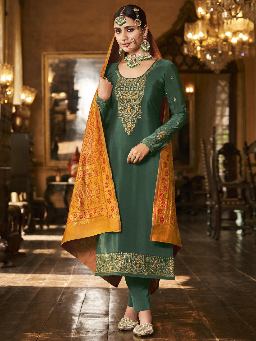 

Stylee LIFESTYLE Green And Gold-Toned Embroidered Unstitched Dress Material
