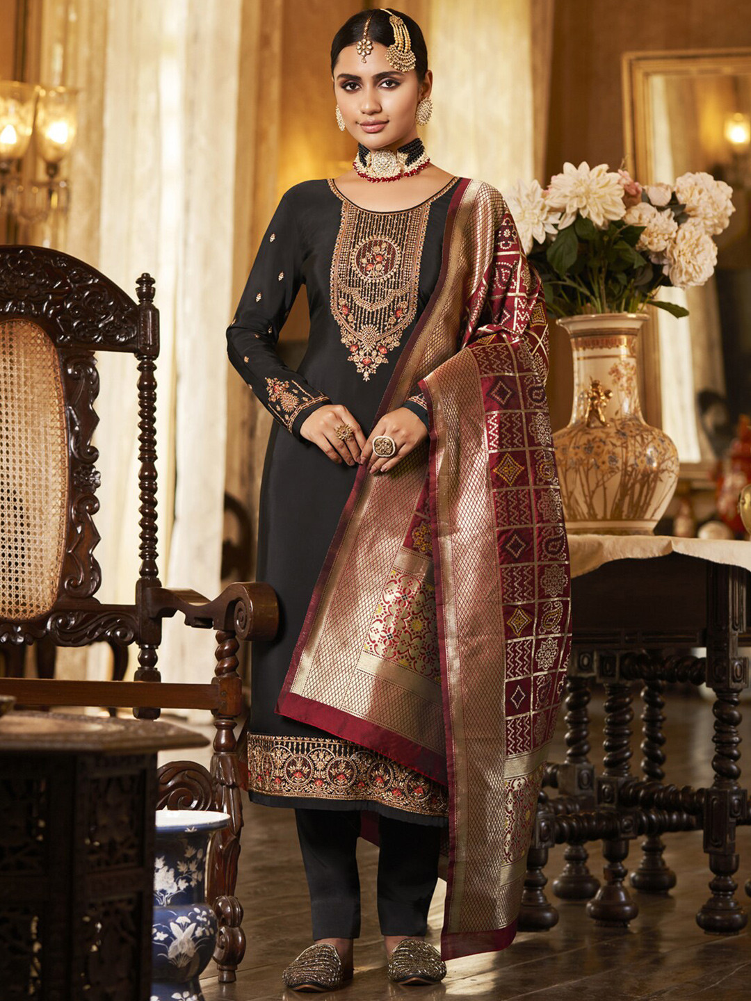 

Stylee LIFESTYLE Black & Maroon Embroidered Silk Crepe Unstitched Dress Material