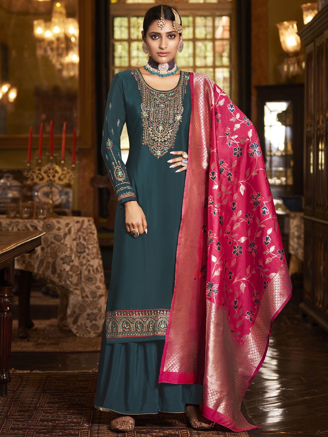 

Stylee LIFESTYLE Teal & Red Embroidered Silk Crepe Unstitched Dress Material