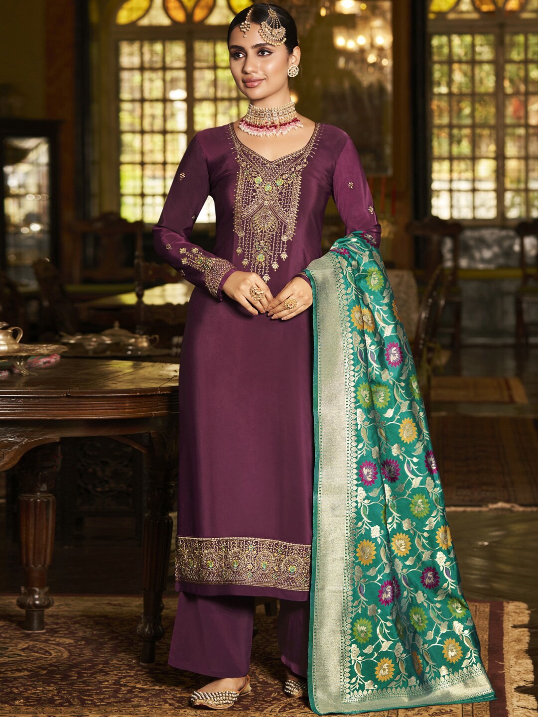 

Stylee LIFESTYLE Purple & Green Embroidered Silk Crepe Unstitched Dress Material
