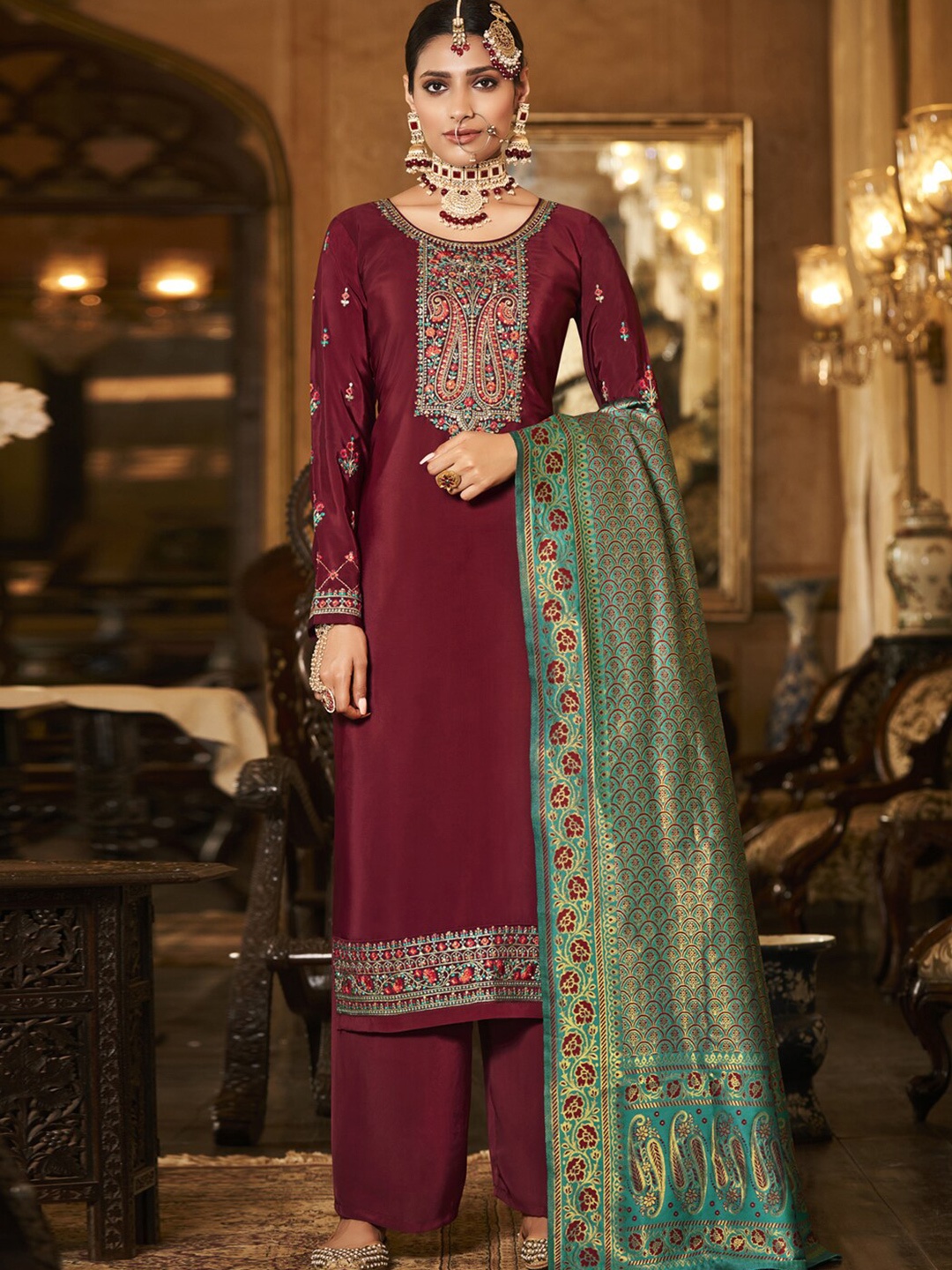 

Stylee LIFESTYLE Maroon & Green Embroidered Silk Crepe Unstitched Dress Material