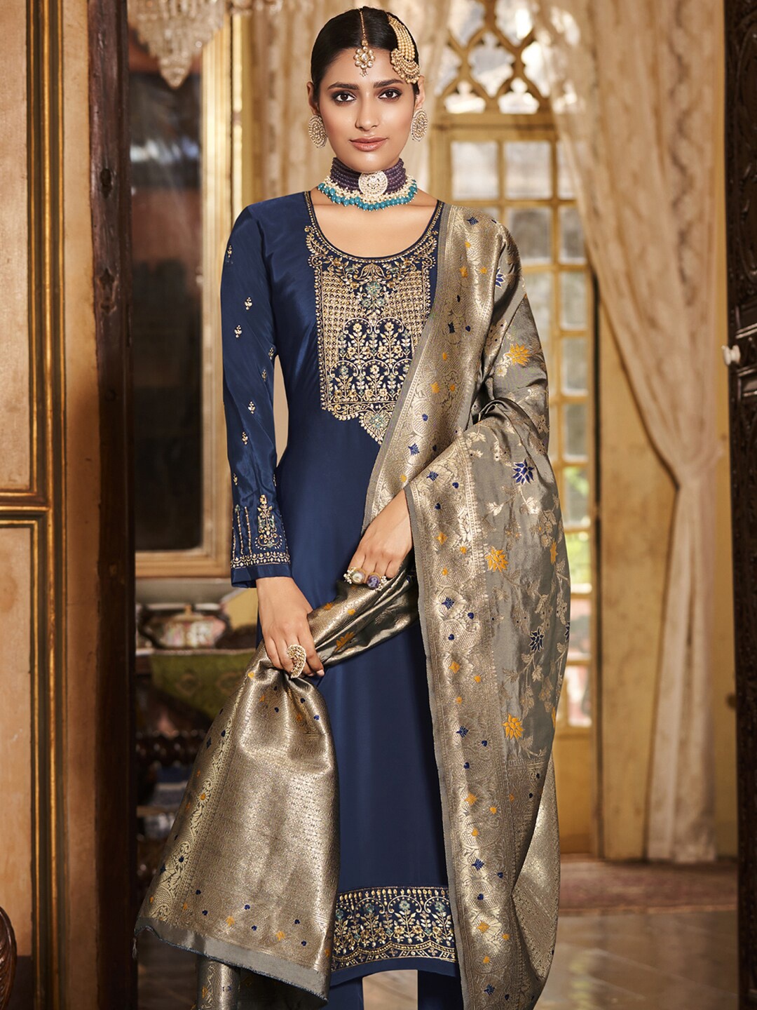 

Stylee LIFESTYLE Navy Blue & Grey Embroidered Silk Crepe Unstitched Dress Material