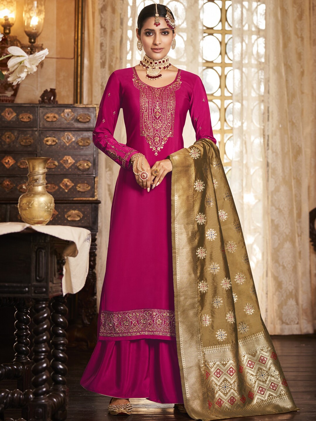 

Stylee LIFESTYLE Magenta & Brown Embroidered Silk Crepe Unstitched Dress Material