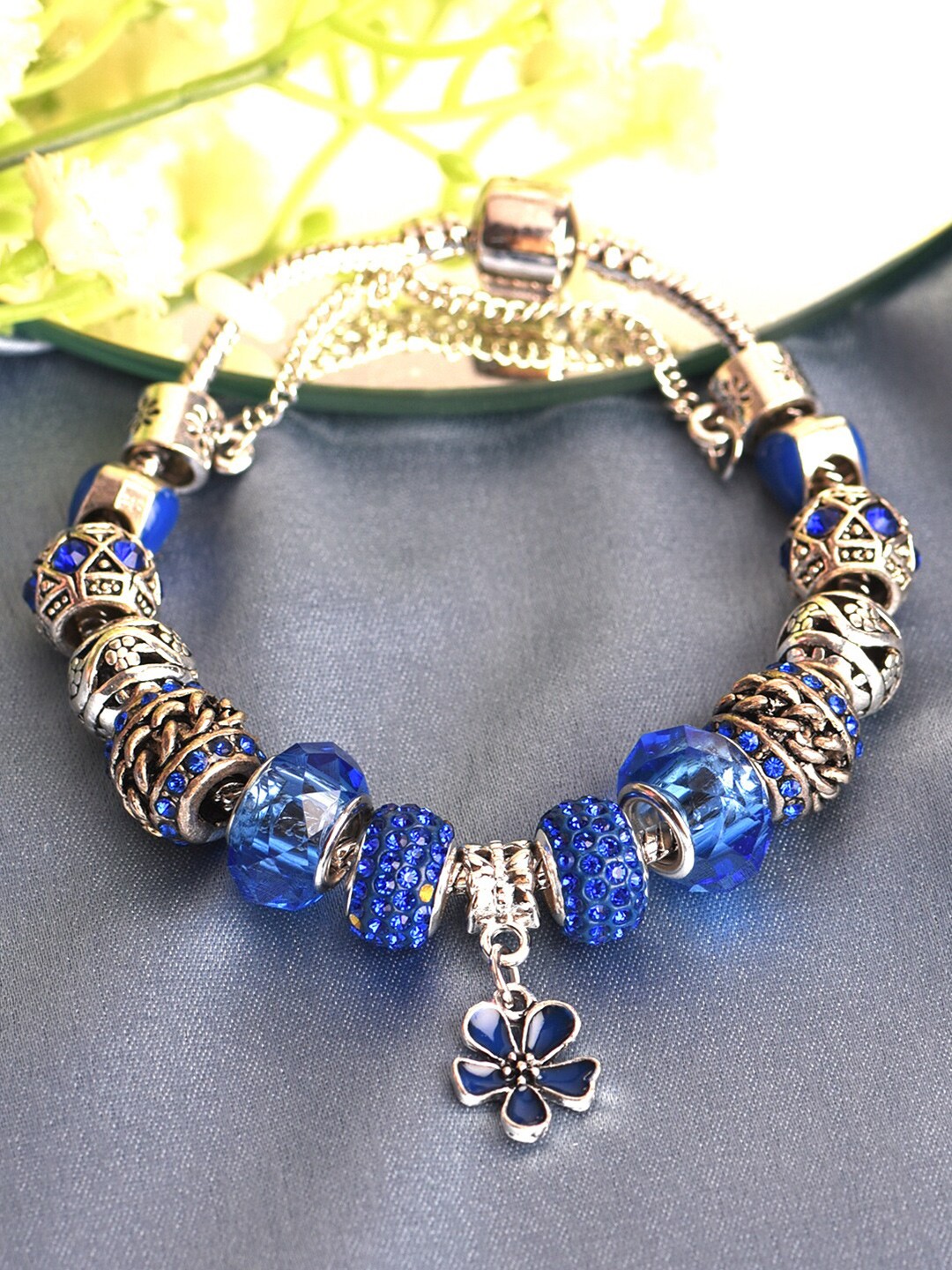 

HOT AND BOLD Women Silver-Toned & Blue Brass Oxidised Rhodium-Plated Charm Bracelet