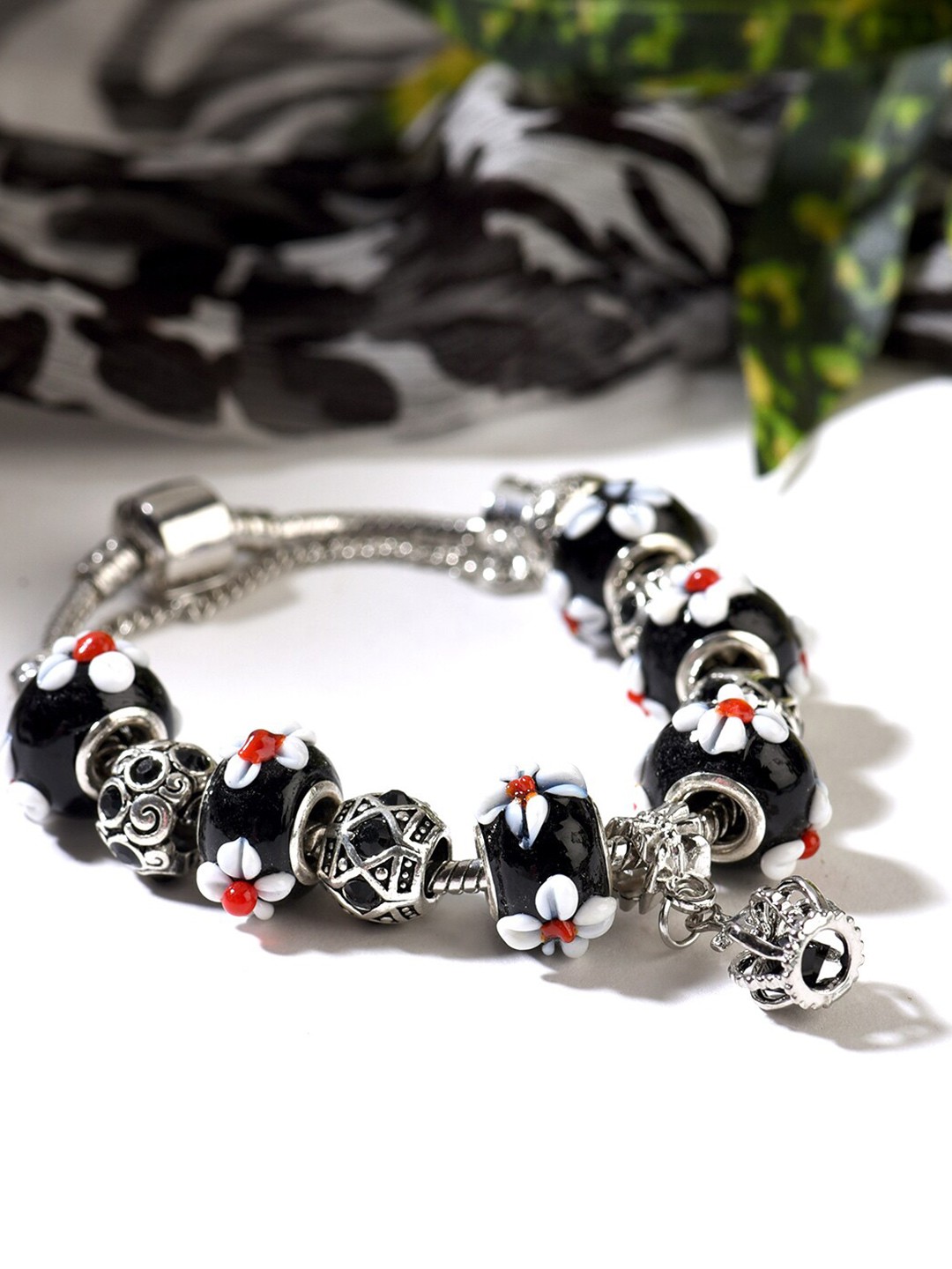 

HOT AND BOLD Women Silver-Toned & Black Brass Oxidised Rhodium-Plated Charm Bracelet