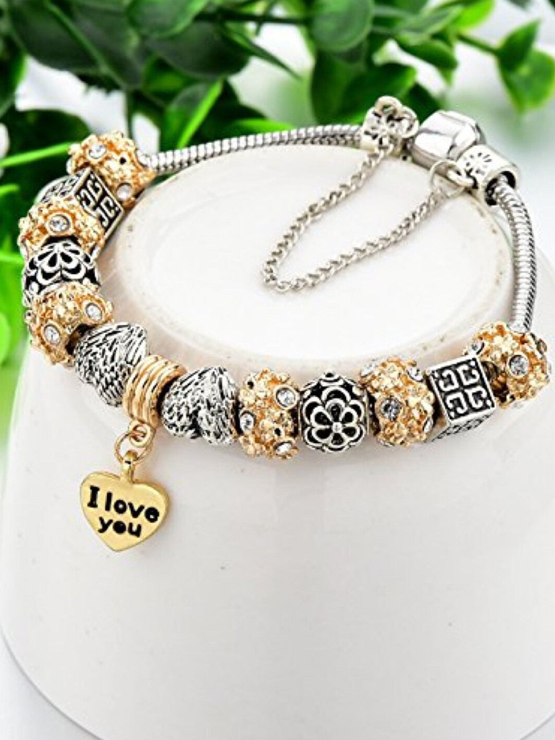 

HOT AND BOLD Women Silver-Toned & Gold-Toned Brass Oxidised Rhodium-Plated Charm Bracelet