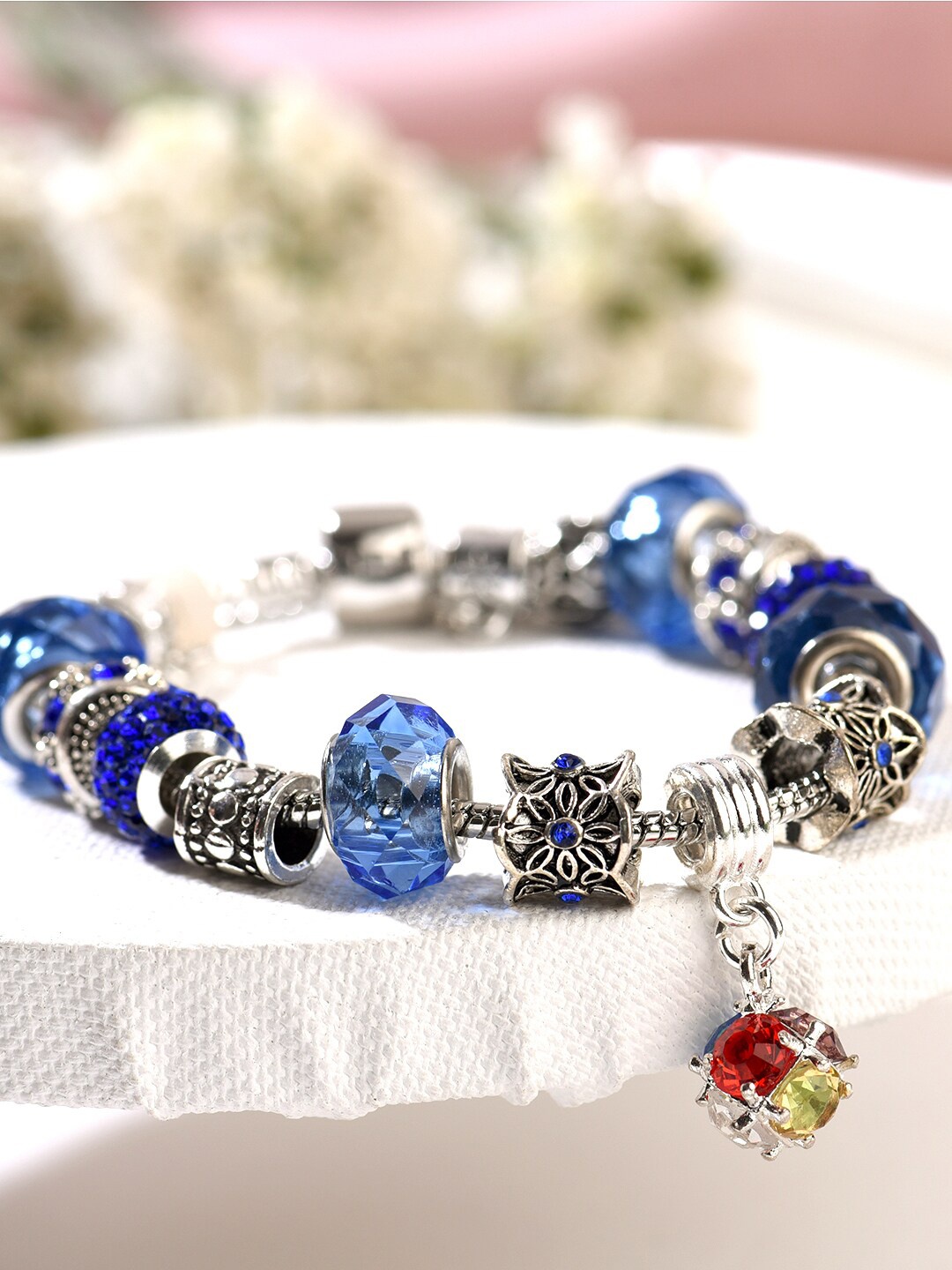 

HOT AND BOLD Women Silver-Toned & Blue Brass Oxidised Rhodium-Plated Charm Bracelet