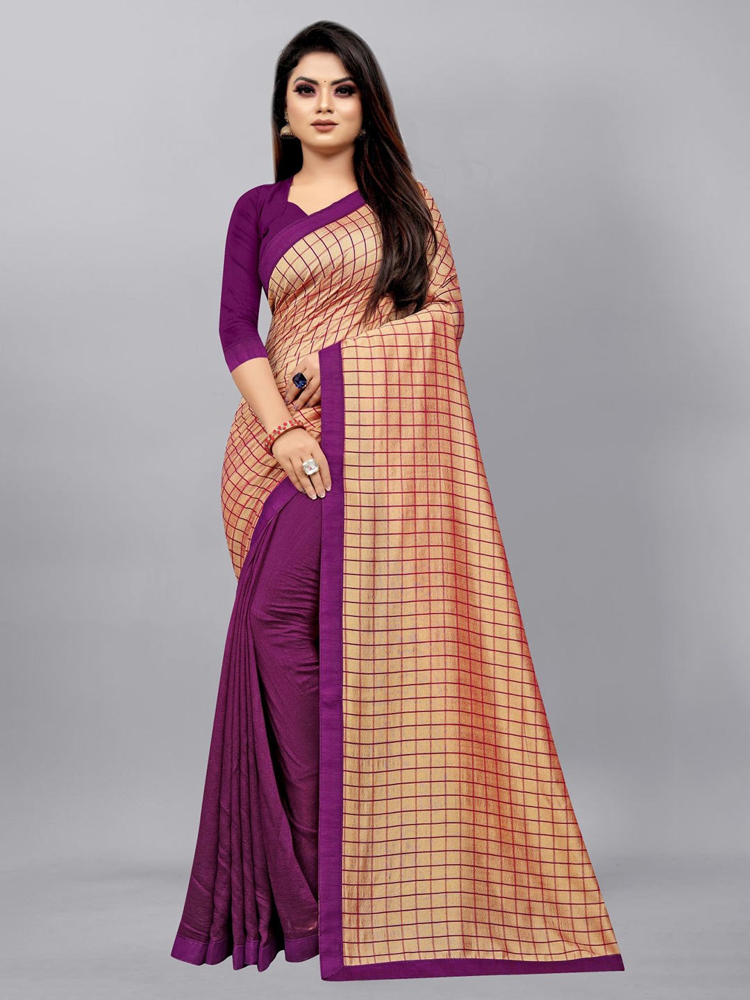 

Queenswear Creation Purple & Beige Checked Pure Silk Ready to Wear Saree