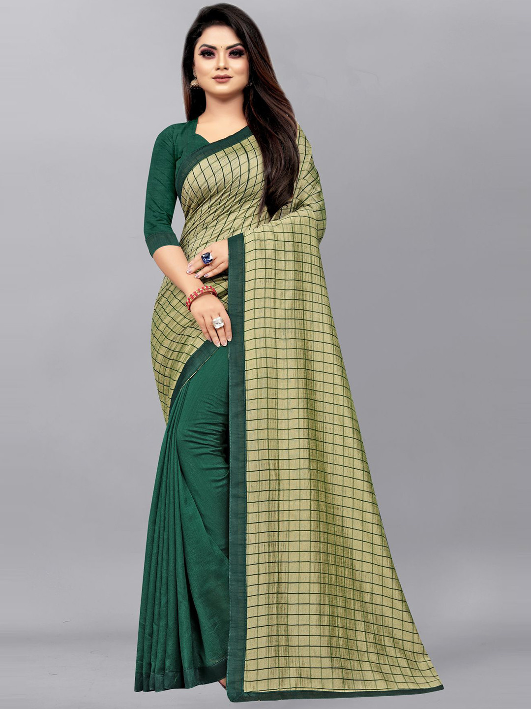 

Queenswear Creation Green & Black Checked Pure Silk Ready to Wear Saree