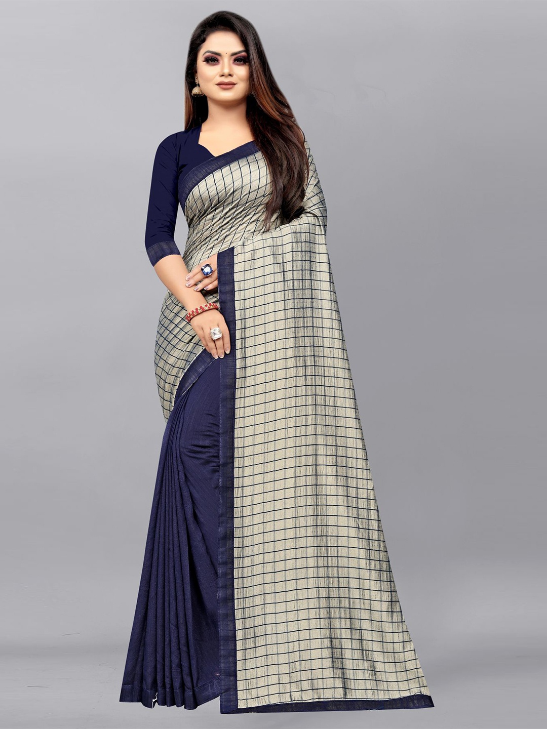 

Queenswear Creation Blue & Grey Checked Pure Silk Ready to Wear Saree