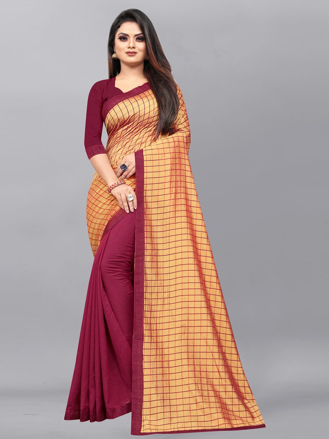 

Queenswear Creation Maroon & Gold-Toned Checked Pure Silk Ready to Wear Saree