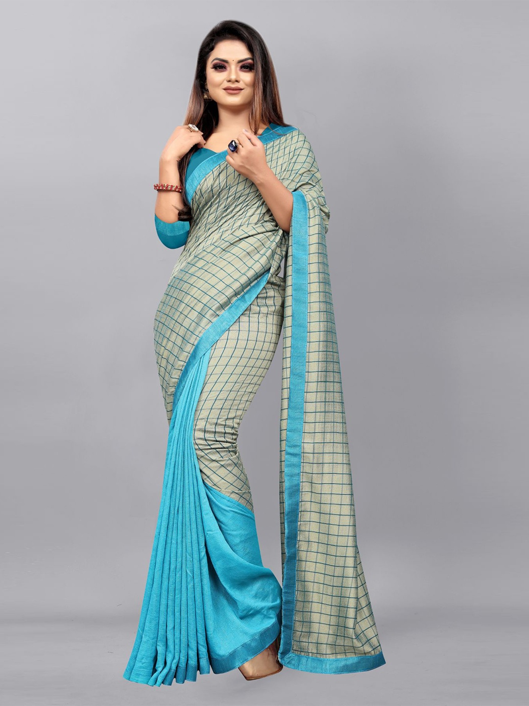 

Queenswear Creation Turquoise Blue & Green Checked Pure Silk Ready to Wear Saree