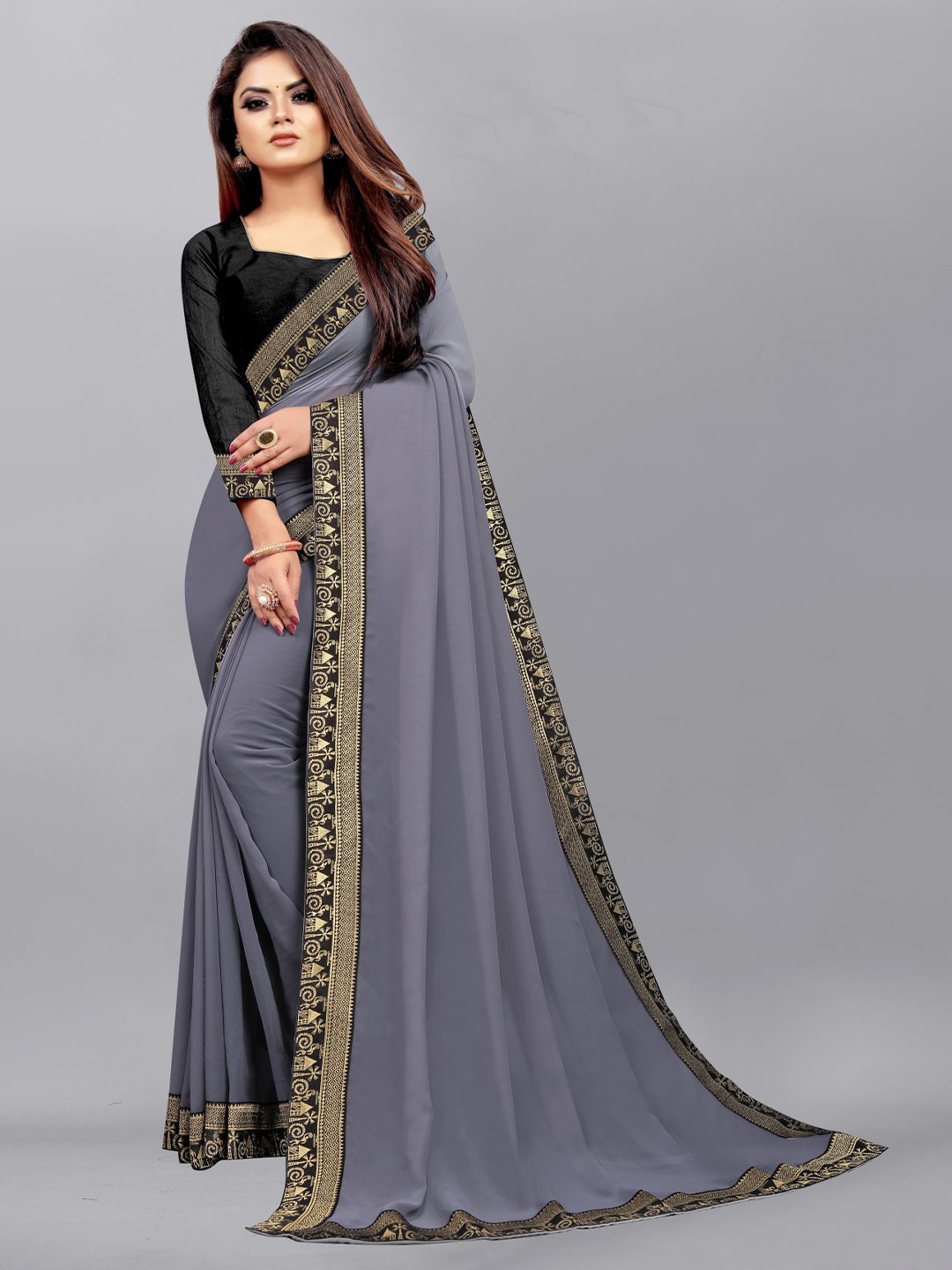 

Queenswear Creation Grey & Gold-Toned Ready to Wear Leheriya Saree
