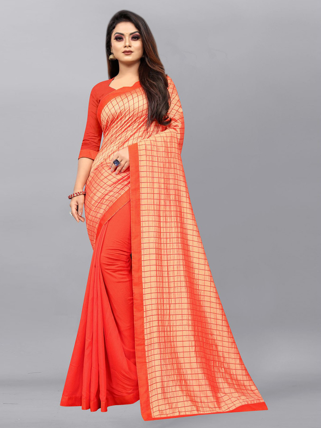 

Queenswear Creation Orange & Peach-Coloured Checked Pure Silk Ready to Wear Saree